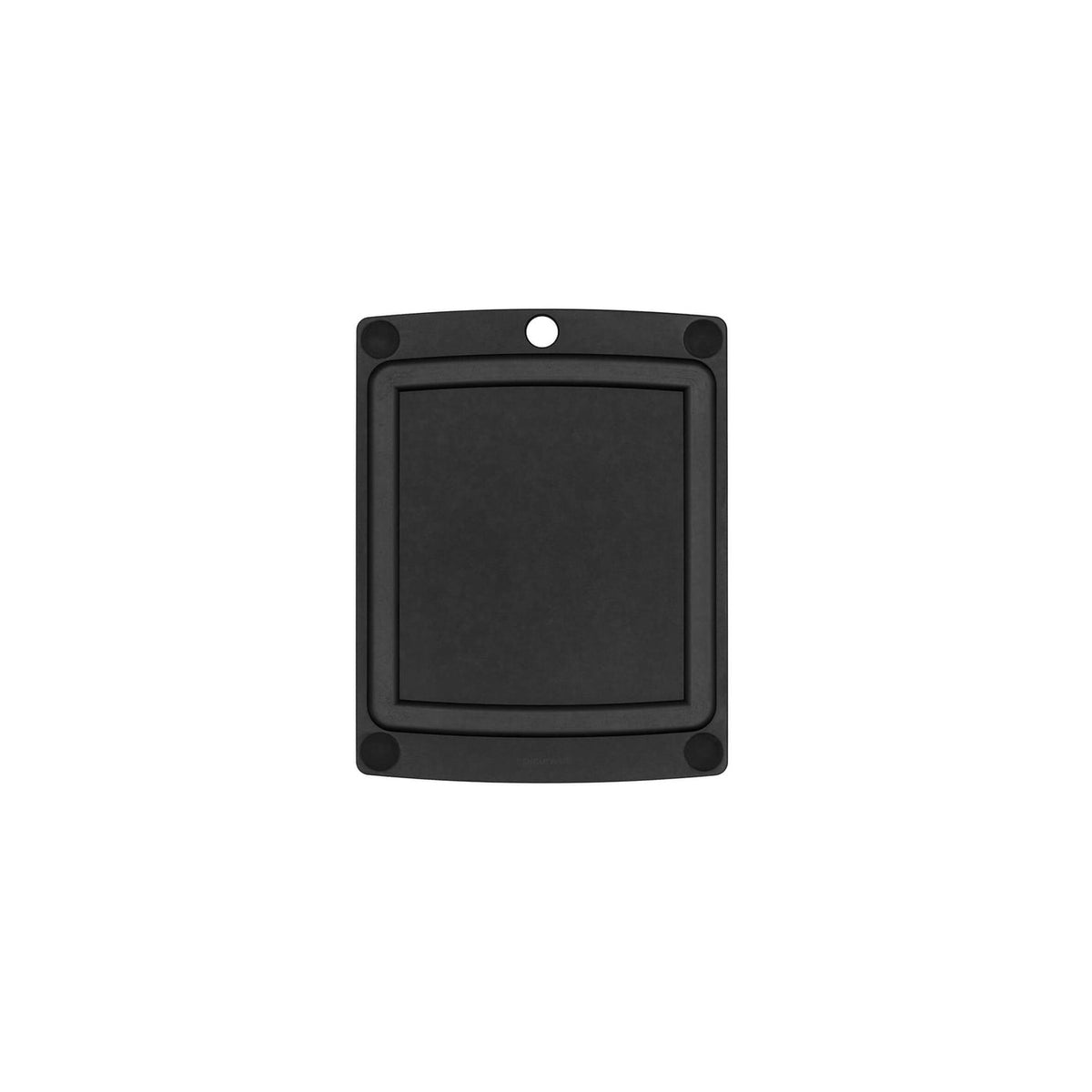 Black rectangular Epicurean all-in-one cutting board with non-slip feet on a white background