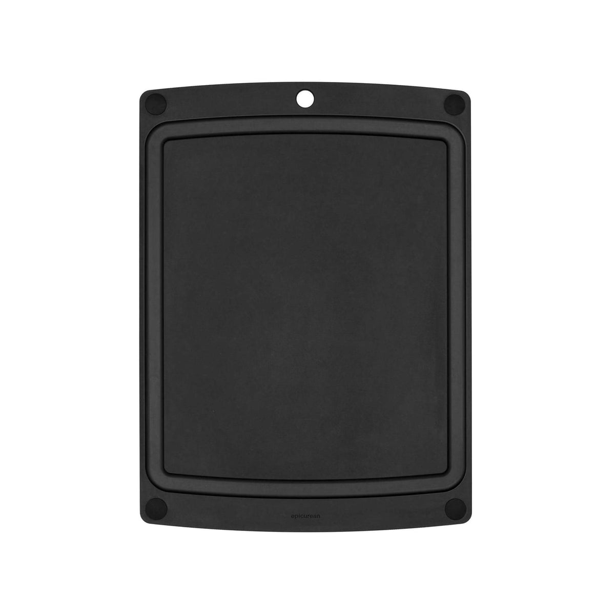 Black rectangular Epicurean all-in-one series cutting board with non-slip rounded pads on a white background