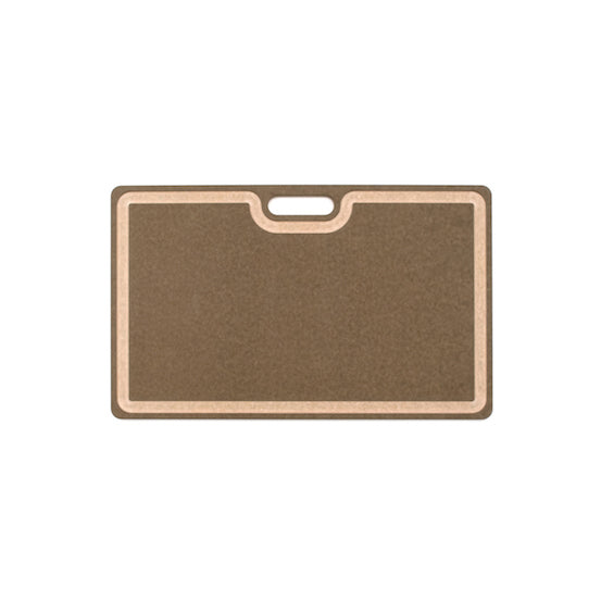 Brown rectangular Epicurean cutting board with a handle on a white background