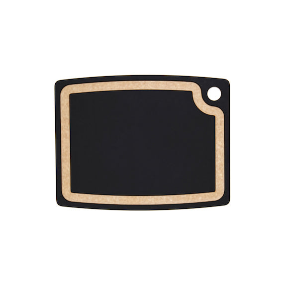 Black Epicurean gourmet series cutting board with wooden border on a white background
