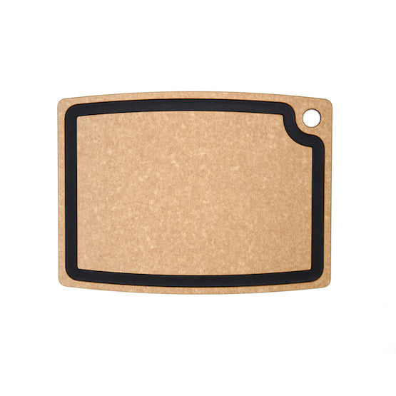 Rectangular Epicurean cutting board with wood composite surface and black border juice groove on a white background