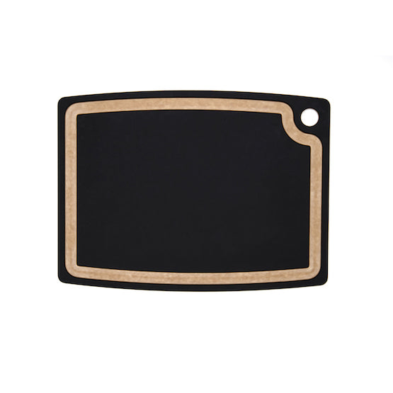 Black Epicurean gourmet series cutting board with juice groove on a white background