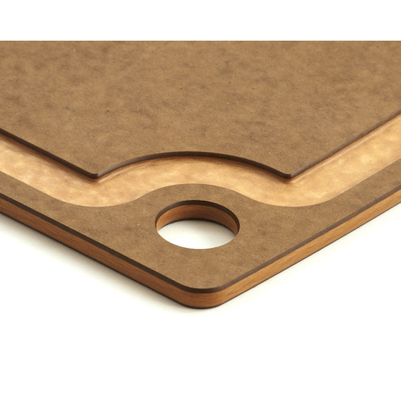 Nutmeg Epicurean cutting board with a hole in the center on a white background