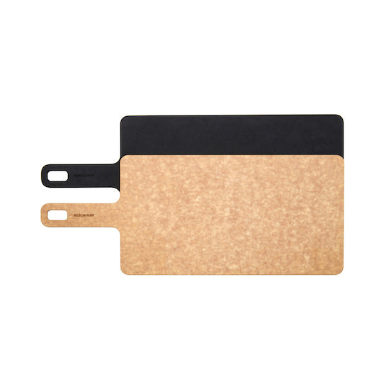 Two Epicurean Handy cutting boards 14 in, one black and one natural, on a white background