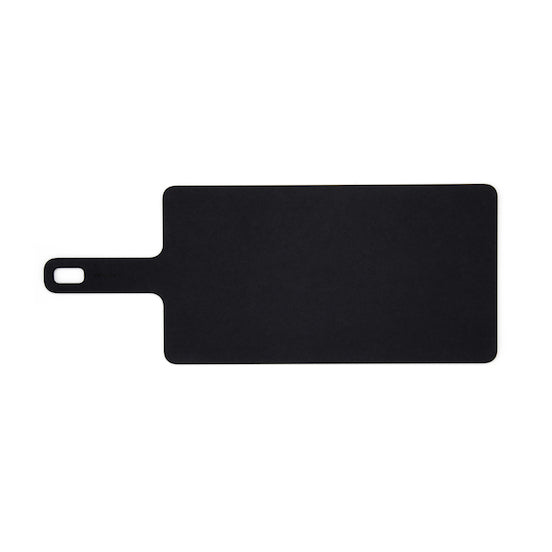 Black rectangular Epicurean long cutting board with a handle on a white background