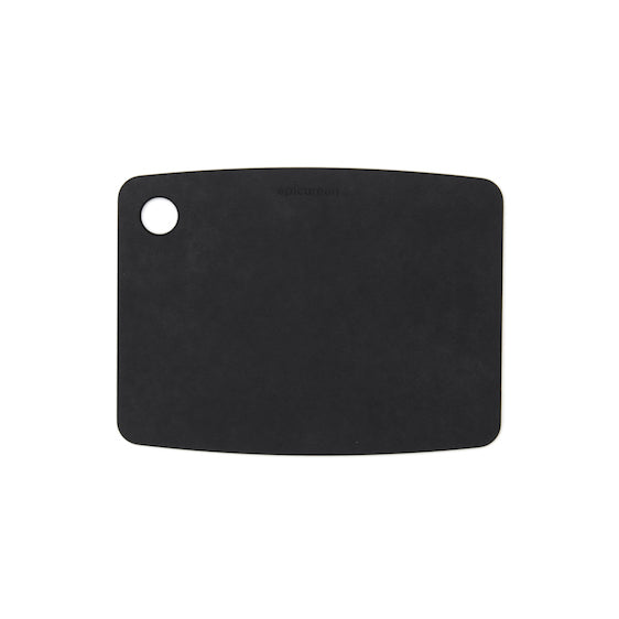 Black Epicurean small kitchen series cutting board with a round hanging hole on a white background
