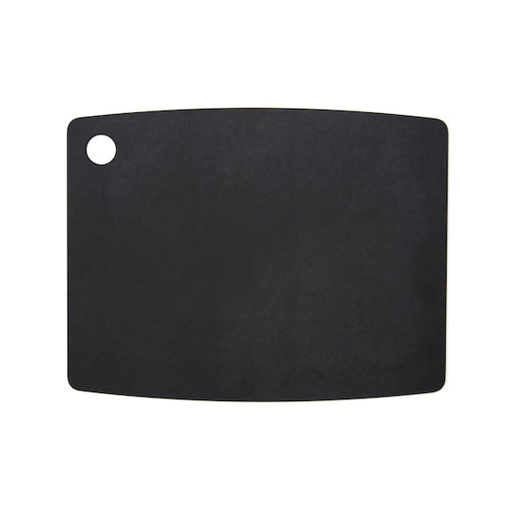 Black Epicurean kitchen series cutting board with a circular hanging hole on a white background