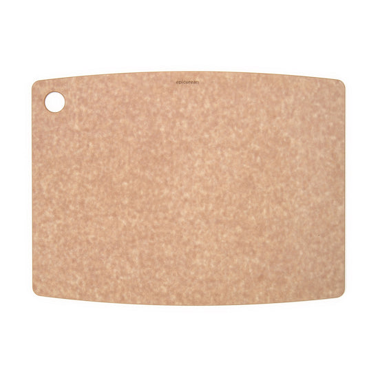 Epicurean kitchen series cutting board in a natural colour with a hanging hole on a white background