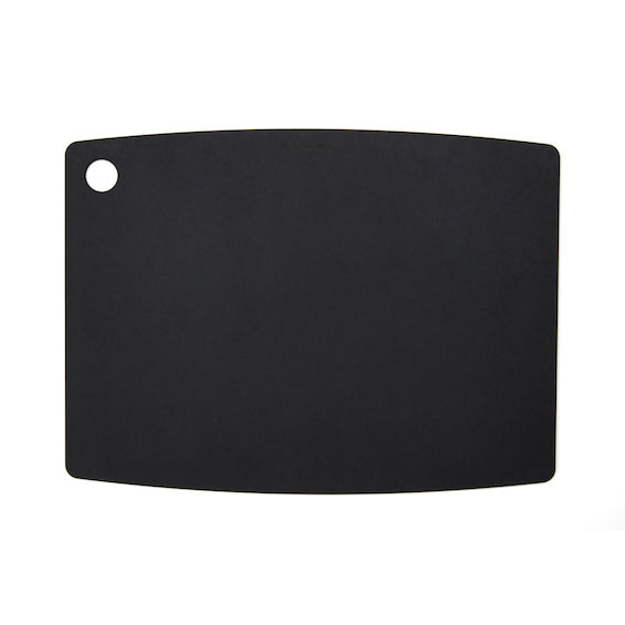 Black Epicurean cutting board with a hanging hole in the corner on a white background