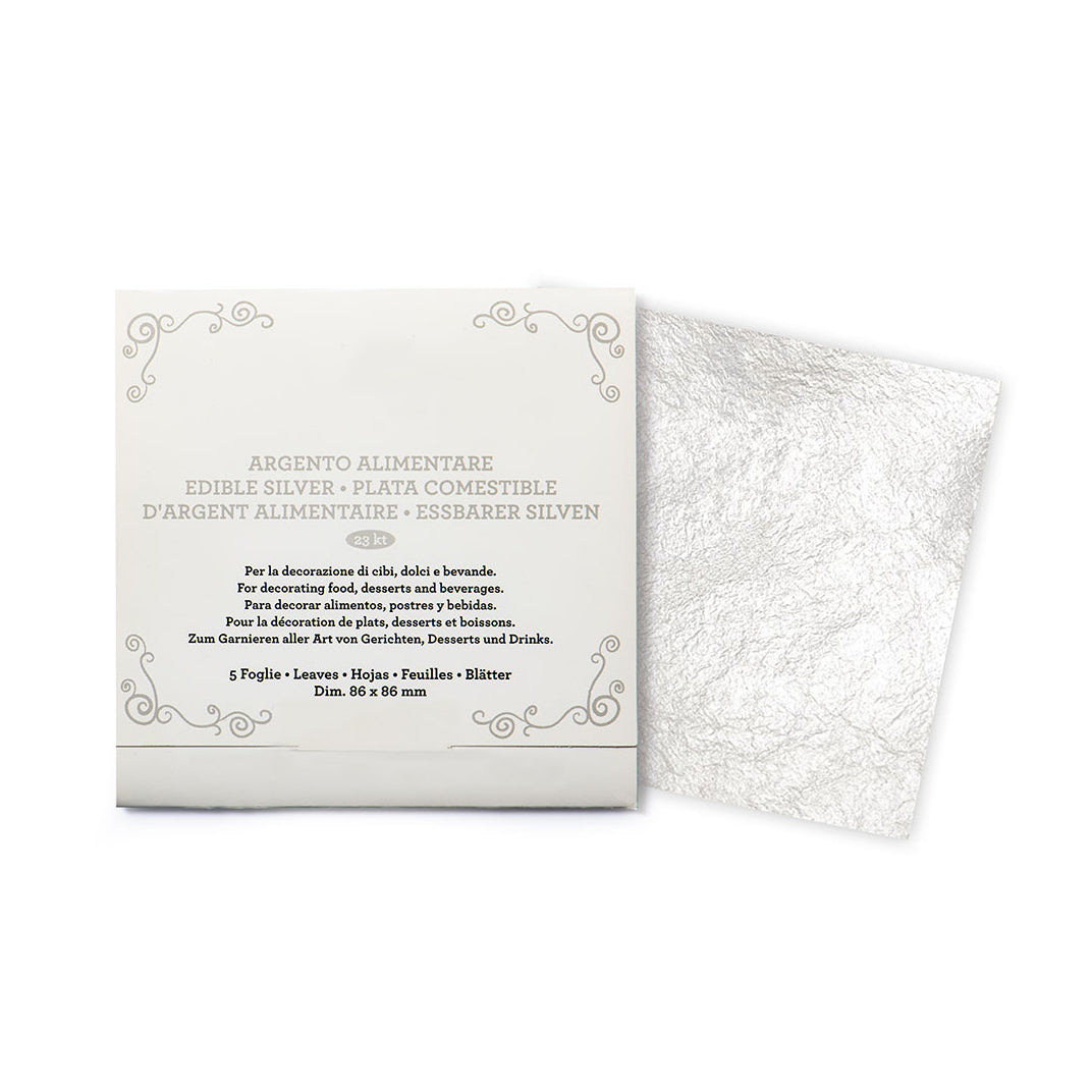 GUSTA SUPPLIES Genuine Edible 23KT Silver Leaves, 86mm Square, 5 Sheets