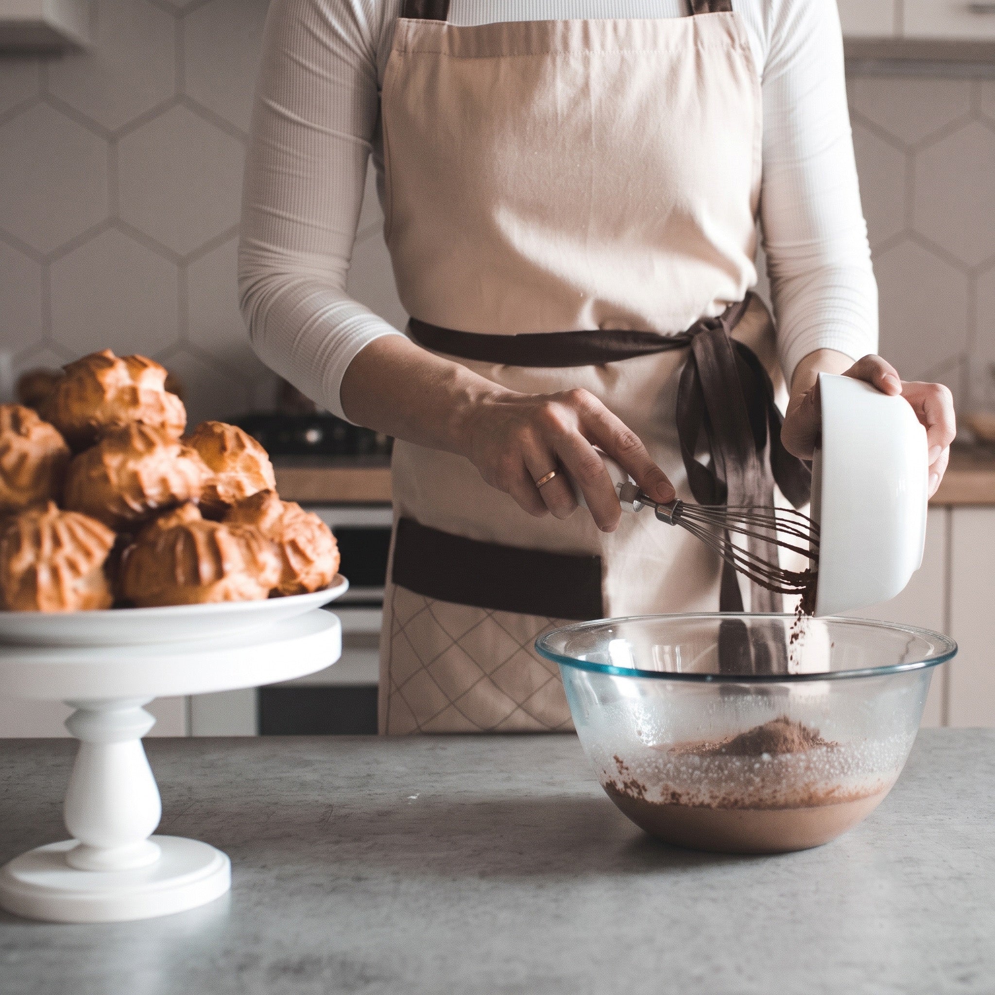 A person wearing a beige apron with dark brown trim mixes ingredients in a glass bowl on a kitchen counter, with baked pastries on a white cake stand in the background.
