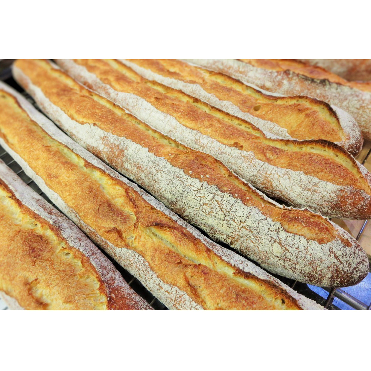Three freshly baked baguettes on a cooling rack.