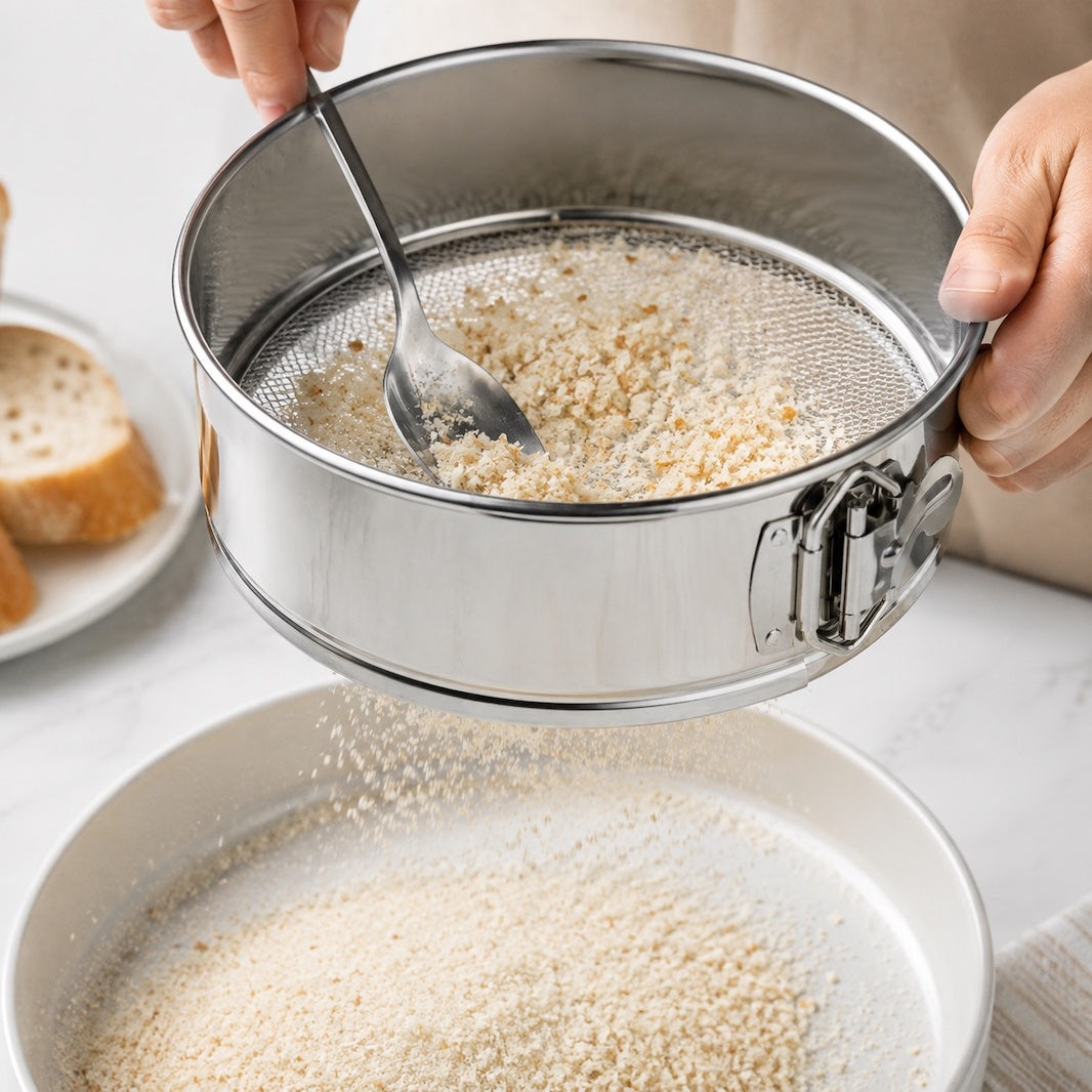A stainless steel springform sieve with a fine mesh sifter and spoon, being held by hands over a white plate as coarse beige crumbs sift out. A slice of bread is visible on a plate in the background.
