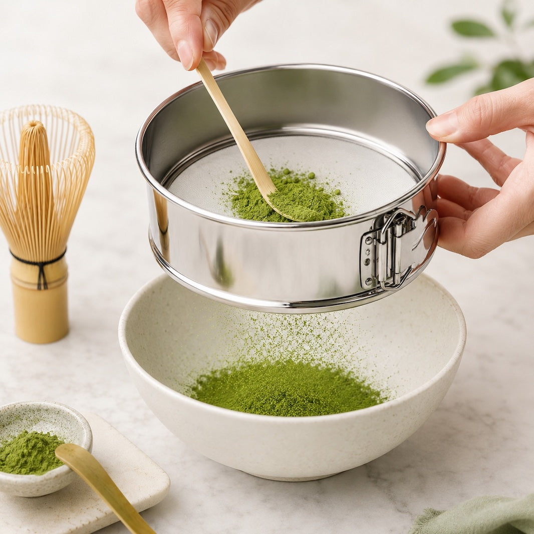 A stainless steel matcha sifter with a wooden whisk attachment is being held over a white ceramic bowl, with green matcha powder being sifted into it. A bamboo whisk and a small bowl of matcha powder are visible in the background on a light marble surface.