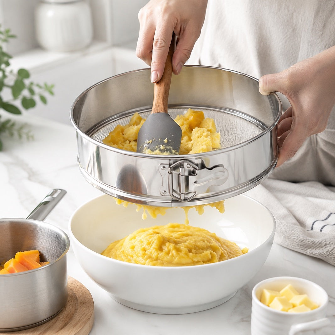 A person holds a round stainless steel strainer sieve over a white bowl, pressing yellow food through with a spatula. The scene is set in a bright kitchen with a small metal pot and a cup of chunks nearby.