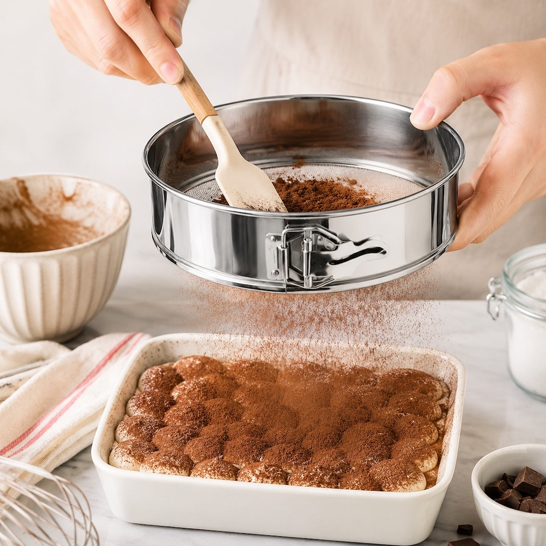 A stainless steel round cake or pastry mold with a latch closure is being held over a baking dish. A person's hands are visible holding the mold and a spatula, with cocoa powder being sifted into the dish below.