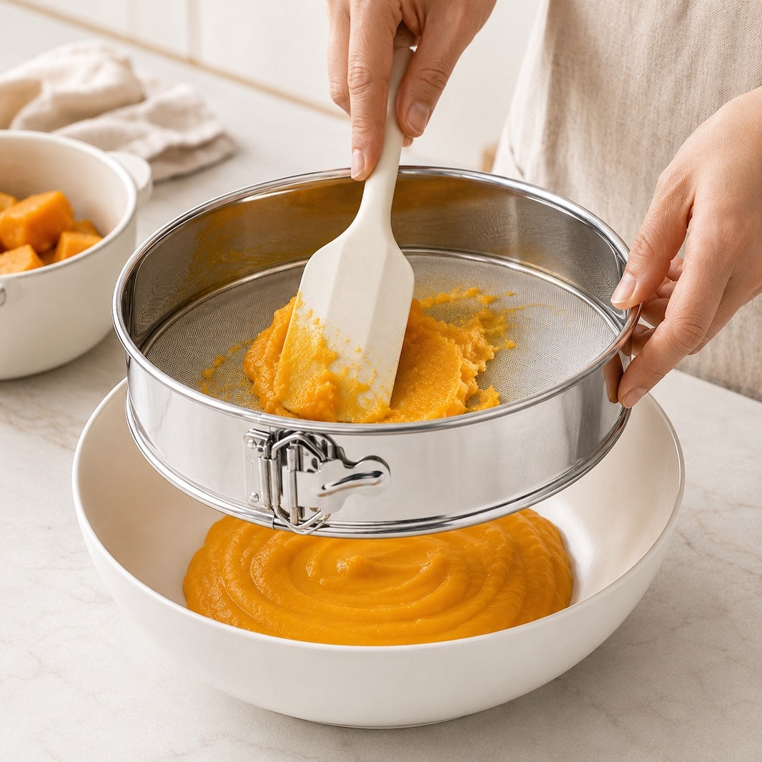 A person uses a white silicone spatula to press pumpkin puree through a round stainless steel strainer set over a white bowl, with a second bowl of orange chunks in the background on a light marble countertop.