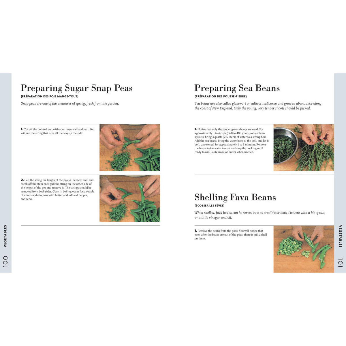An open book or recipe booklet showing two pages with text about preparing sugar snap peas and shelling fava beans, each accompanied by small photos of hands handling green beans.