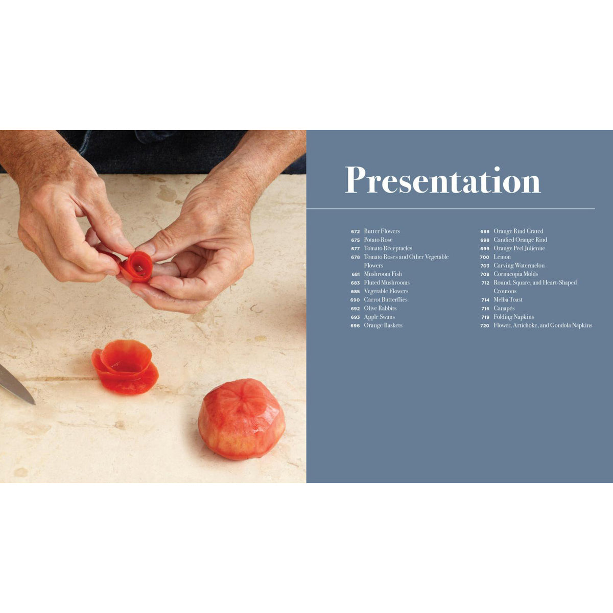 A split-page layout with a photo on the left showing a person's hands peeling a red tomato and placing it on a light stone surface, and a blue panel on the right headed 'Presentation' with a list of contents.