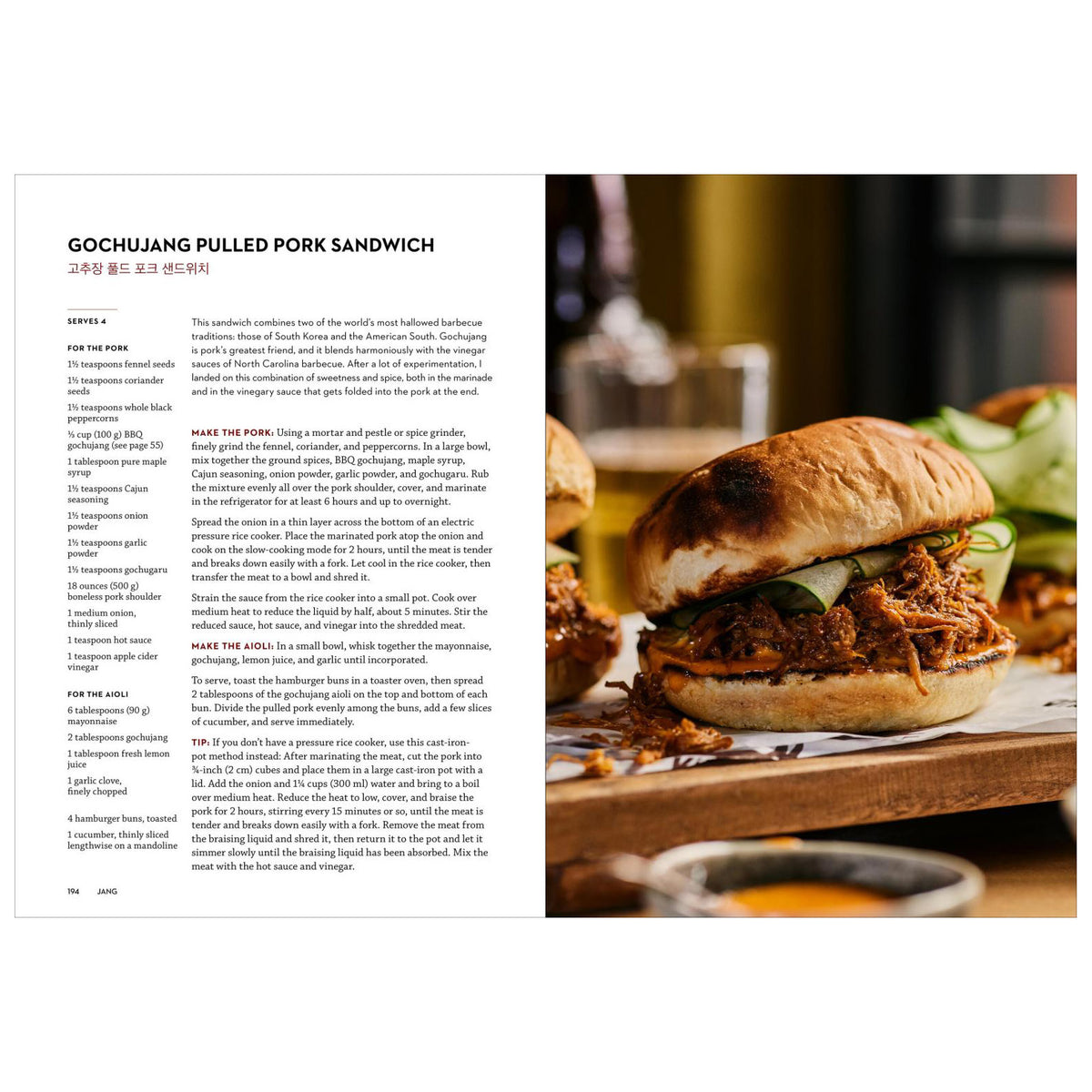 A printed recipe page for Gochujang Pulled Pork Sandwich, with a large photo of the prepared sandwich on the right and step-by-step instructions on the left.