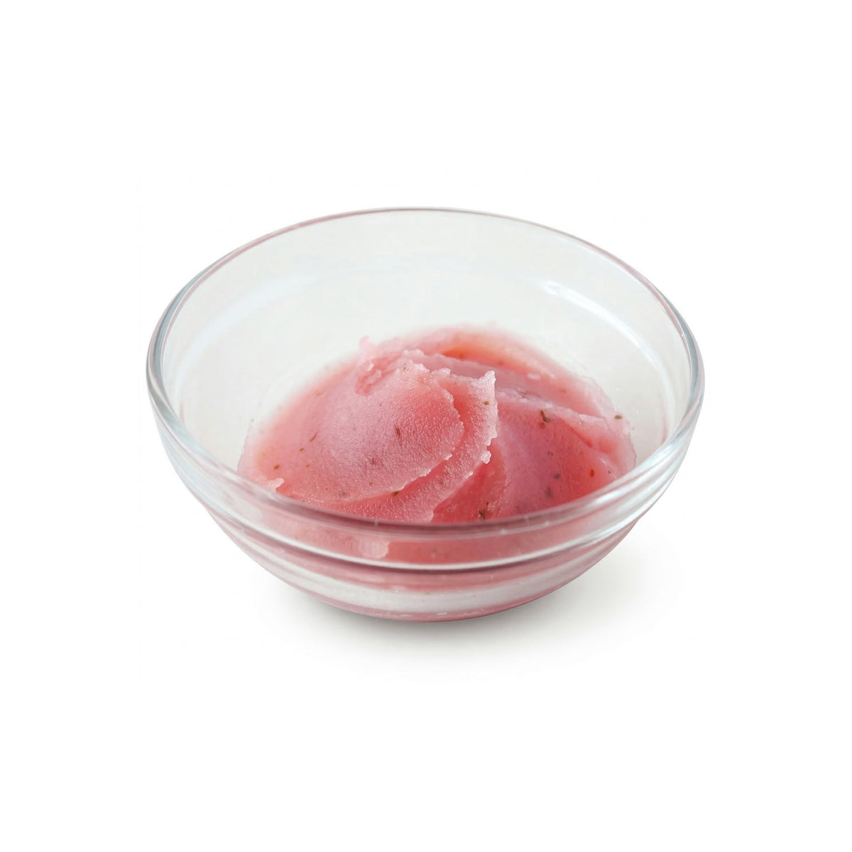 Clear glass bowl with pink Japanese sakura bean paste on a white background