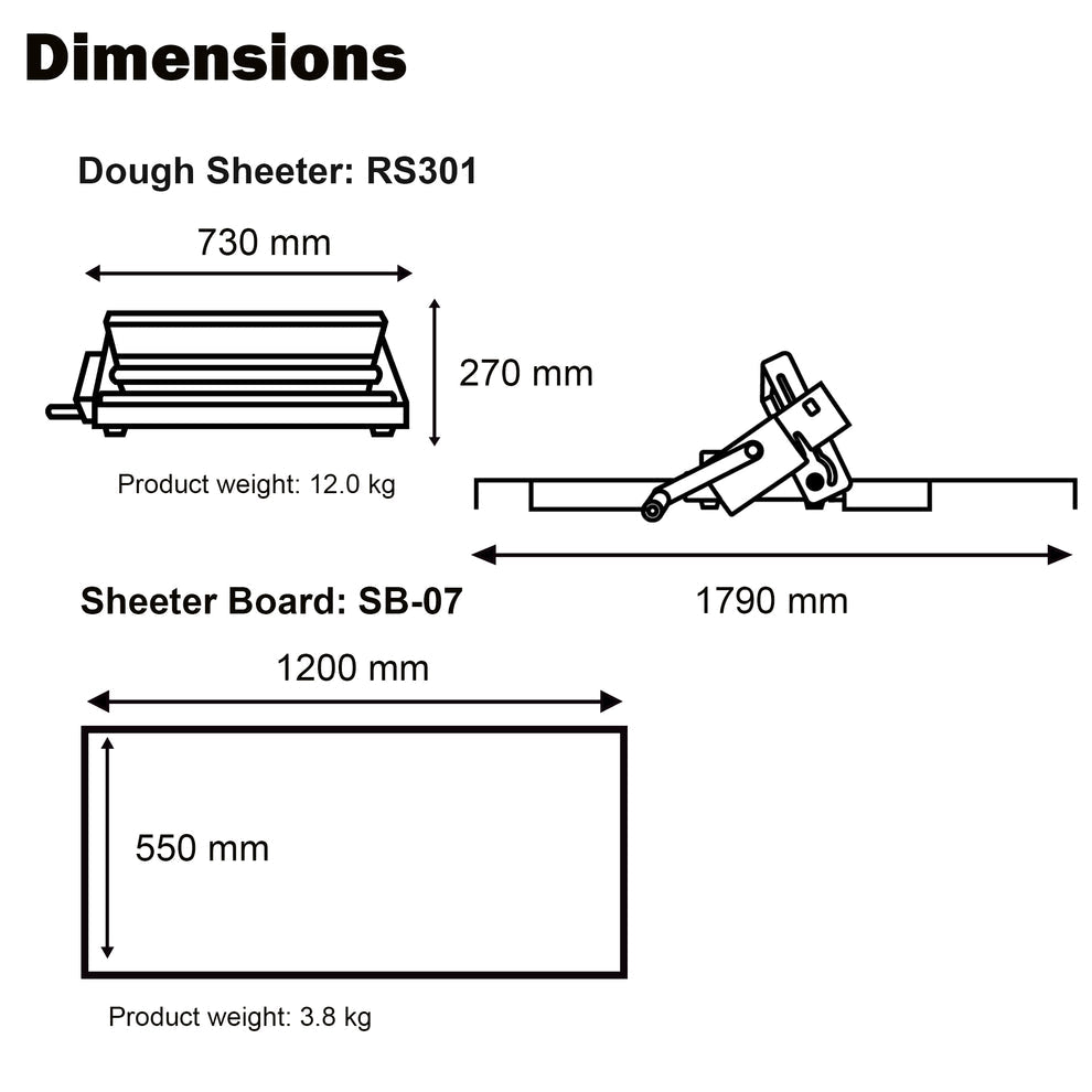 Technical drawing of a dough sheeter and sheeter board with dimensions and product weights.