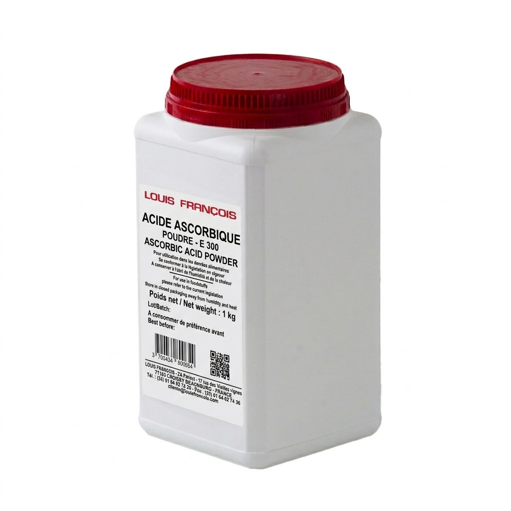 White container with red lid labeled 'Louis Francois Ascorbic Acid' on a white background