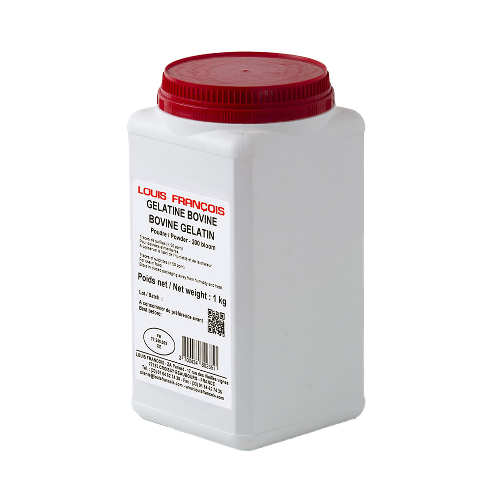 A white plastic container with a red lid containing Louis Francois Bovine Gelatin Powder, 1kg.