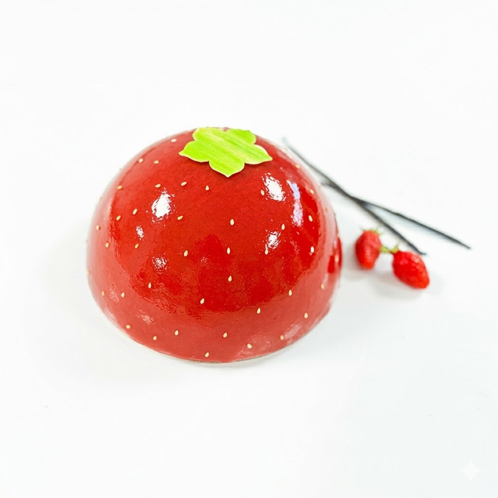 Red strawberry-shaped object with a green leaf on a white background