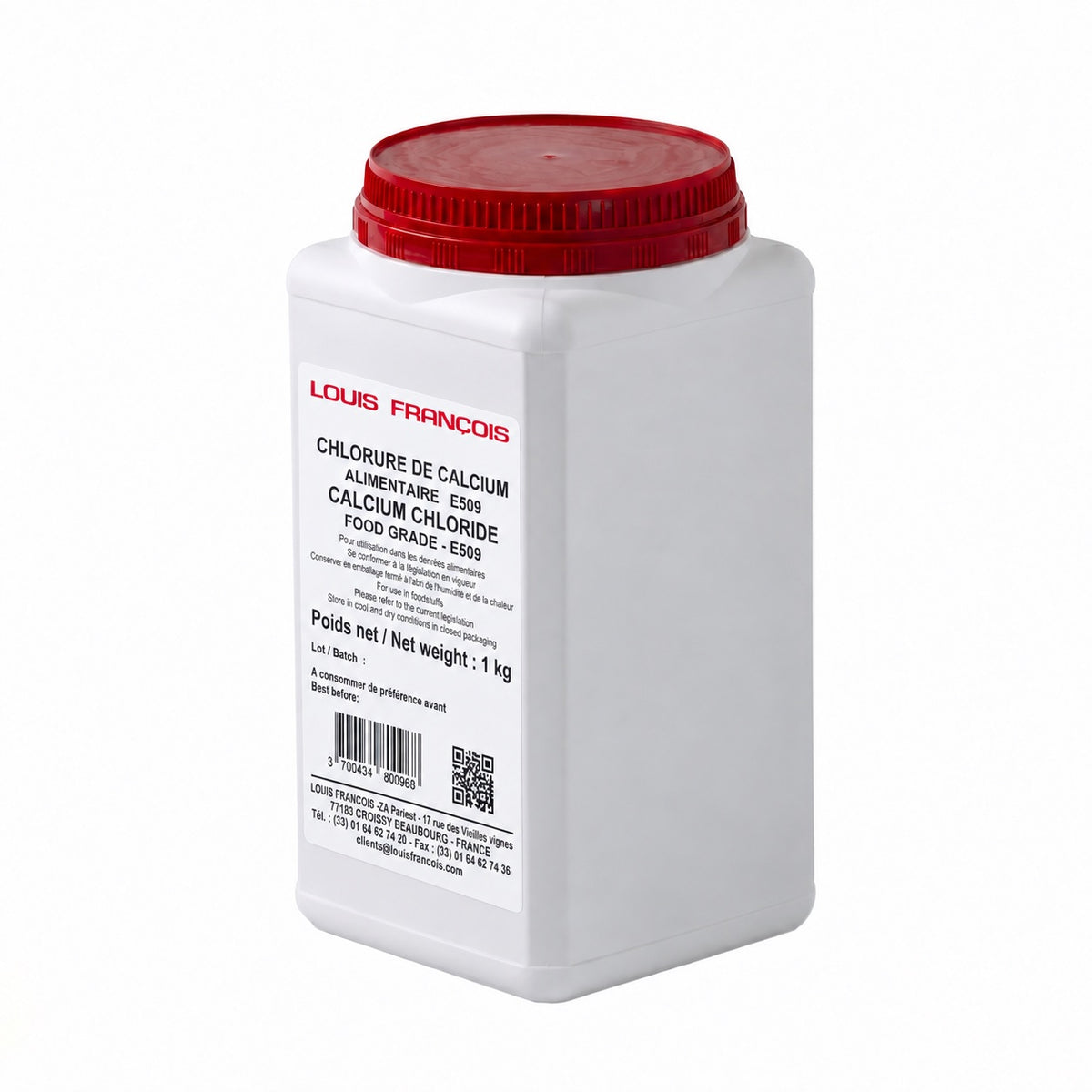 A 1 kg white plastic tub of Louis Francois Food Grade Calcium Chloride with a red screw-on lid, shown on a clean white background.