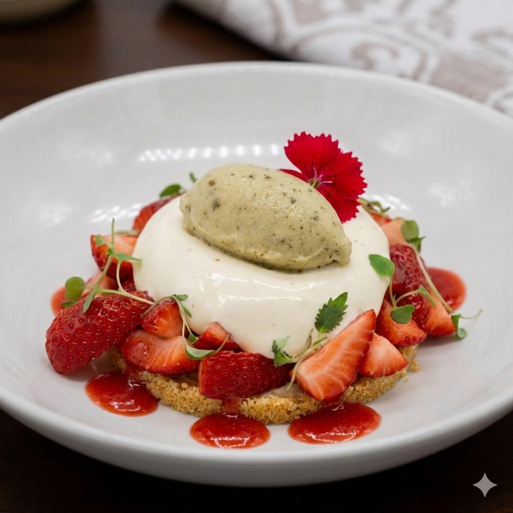 Dessert with cream, strawberries, and a red flower on a white plate.