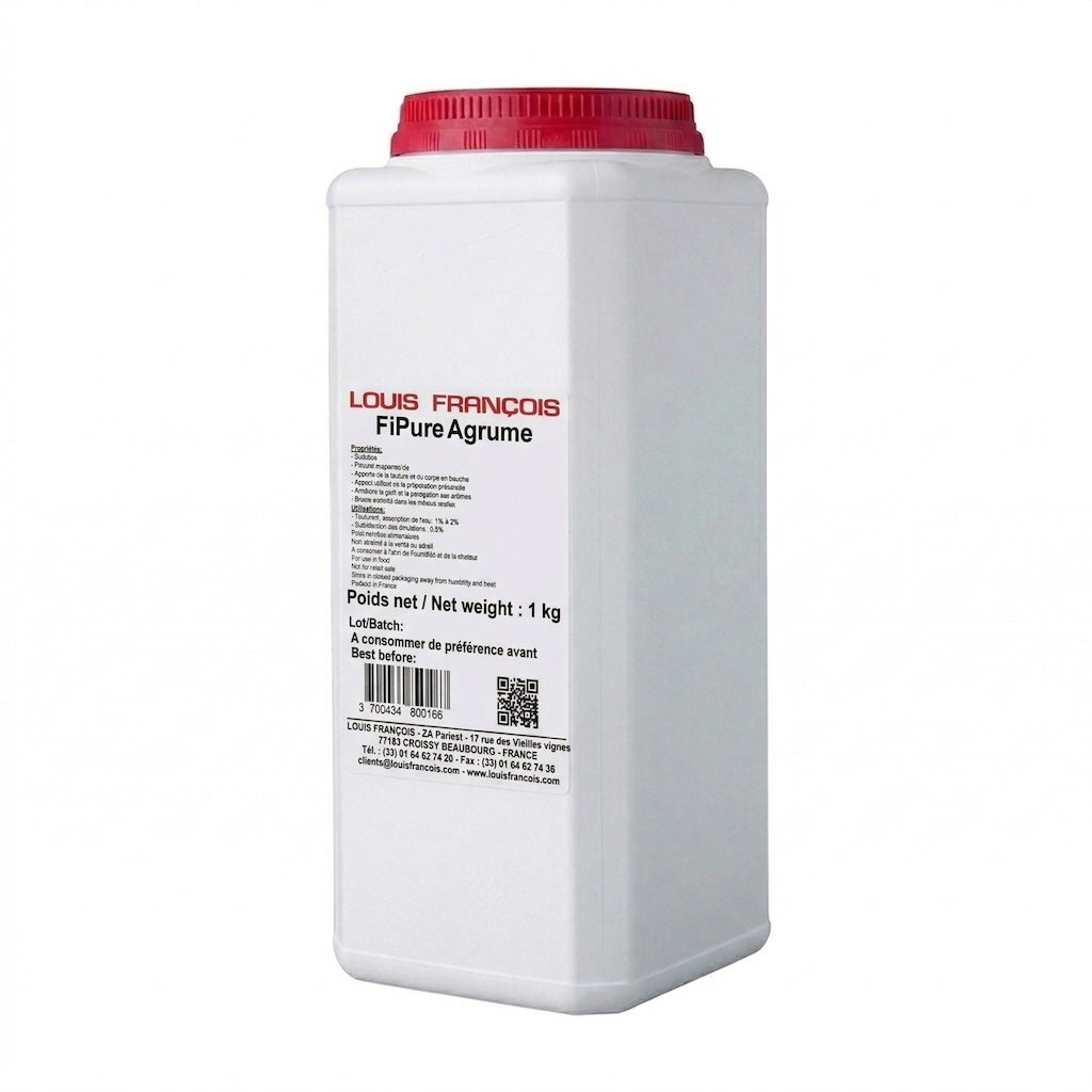 White container with red lid labeled 'Louis Francois Citrus Fibre' on a white background