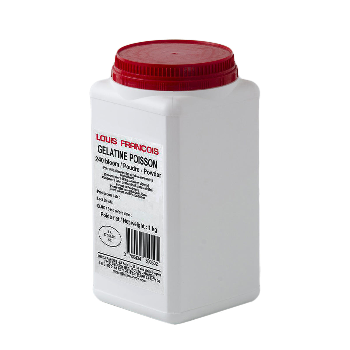 A white plastic container with a red lid labeled 'GELATINE POISSON 240 Bloom Strength' indicating it is a product for culinary use, specifically fish gelatin powder.