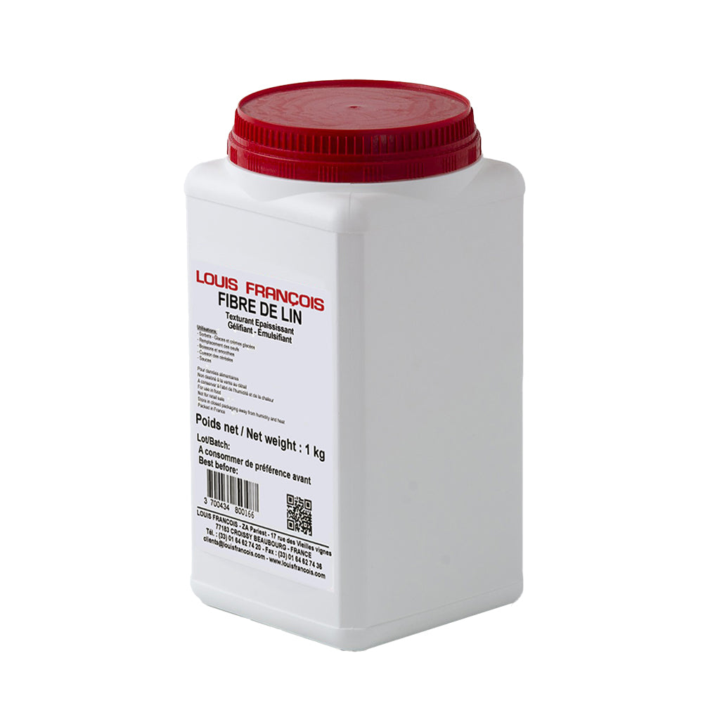 A 1kg container of Louis Francois Flax Fibre with a red lid, white body, and label detailing product information.