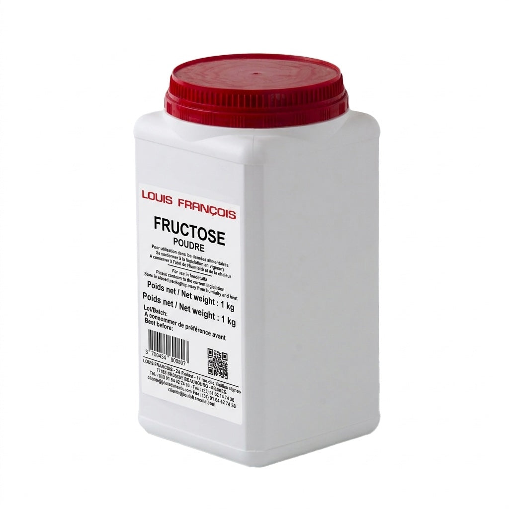 White container with red lid labeled 'Louis Francois Fructose Poudre' on a white background