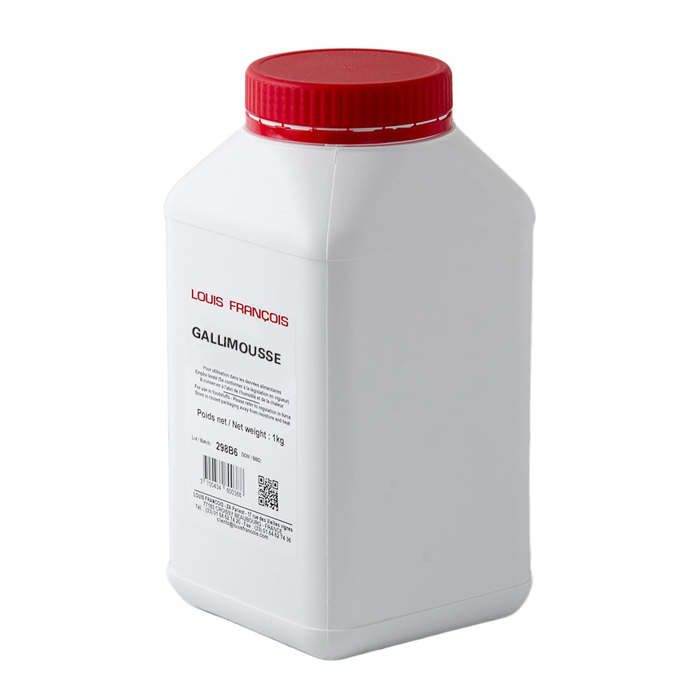 A white plastic container with a red lid labeled 'Gallimousse' by LOUIS FRANCOIS, used for creating light textures in culinary dishes.