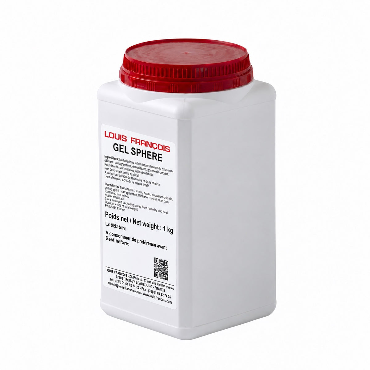 A white plastic tub of Louis Francois Gel Sphere with a red screw-on lid and a white label with red and black text, isolated on a white background.
