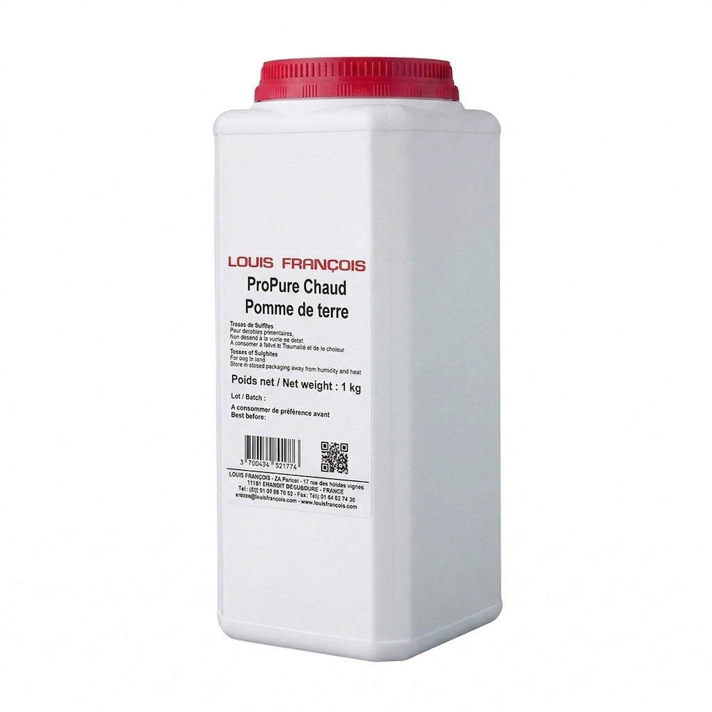 White container with red lid and black label that says "Louis Francois ProPure Hot Potato Protein" on a white background