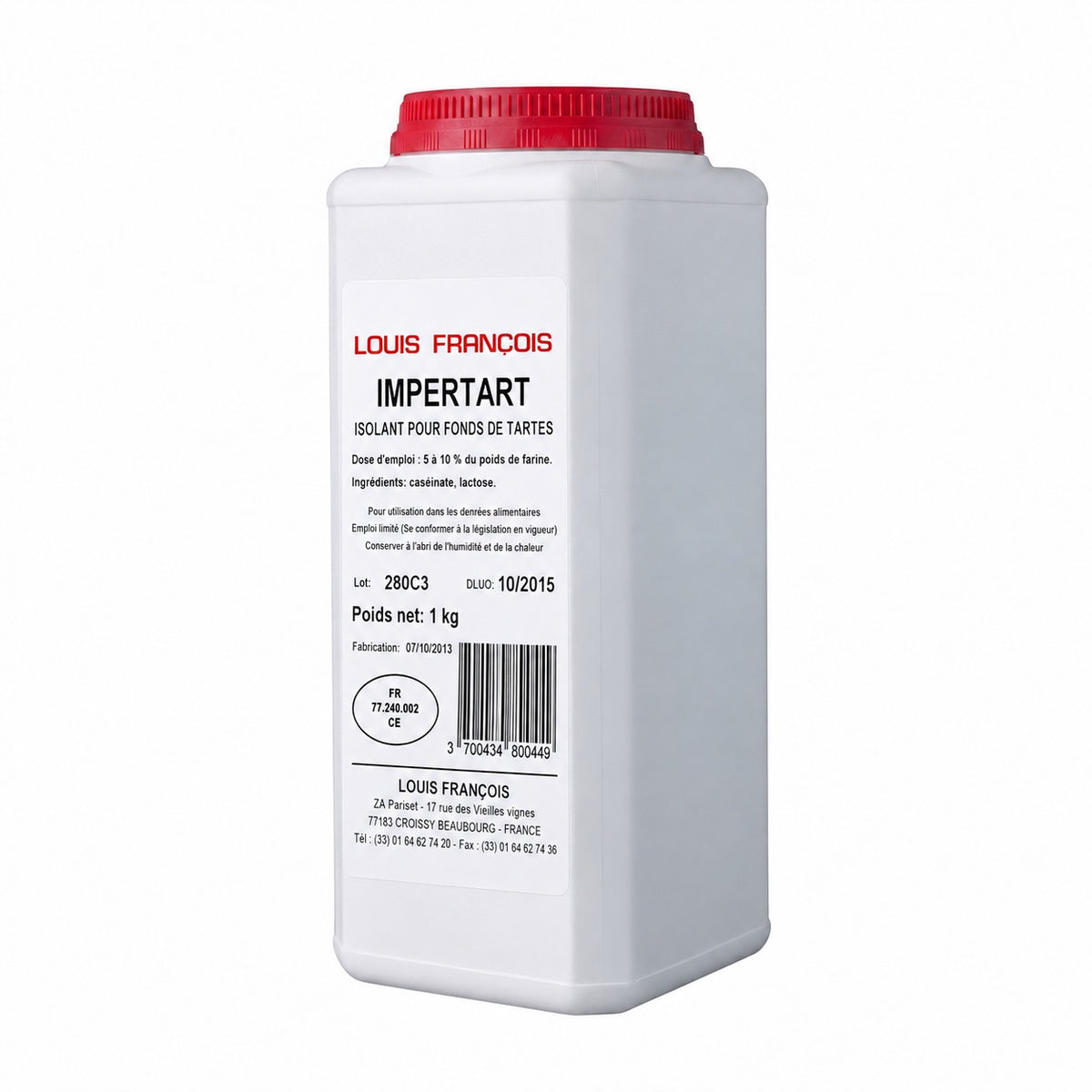 A 1 kg white plastic tub of Louis Francois Impertart tart powder with a red screw cap and a white label, isolated on a white background.