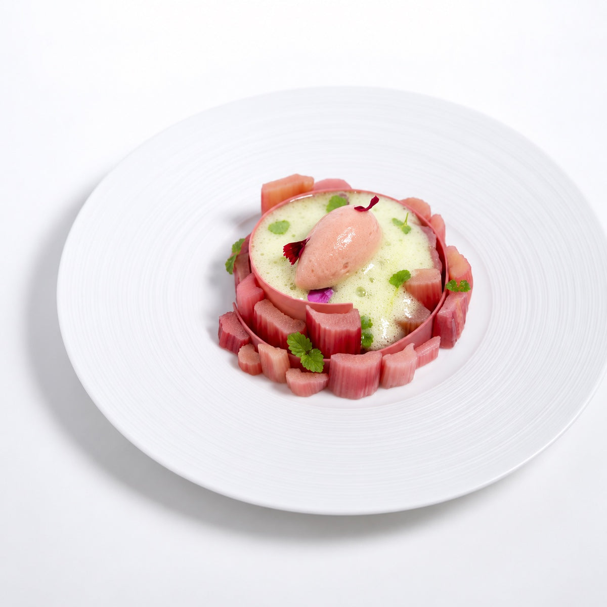 A plated gourmet food dish featuring a central pink mousse or gelatin sphere topped with a pale yellow sauce, surrounded by diced pink rhubarb and garnished with mint leaves, served on a large white plate against a white background.