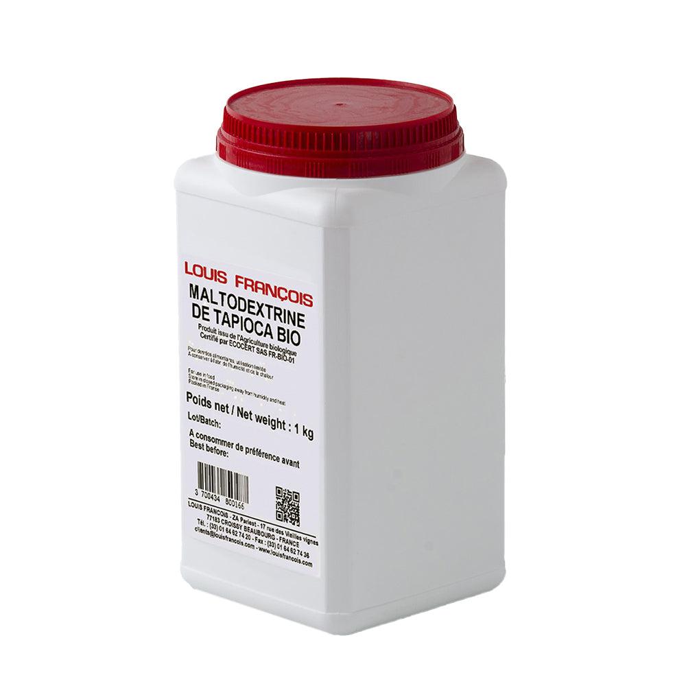 A white plastic container with a red lid labeled 'Louis Francois Organic Tapioca Maltodextrin', indicating it is organic tapioca maltodextrin used as a bulking agent.