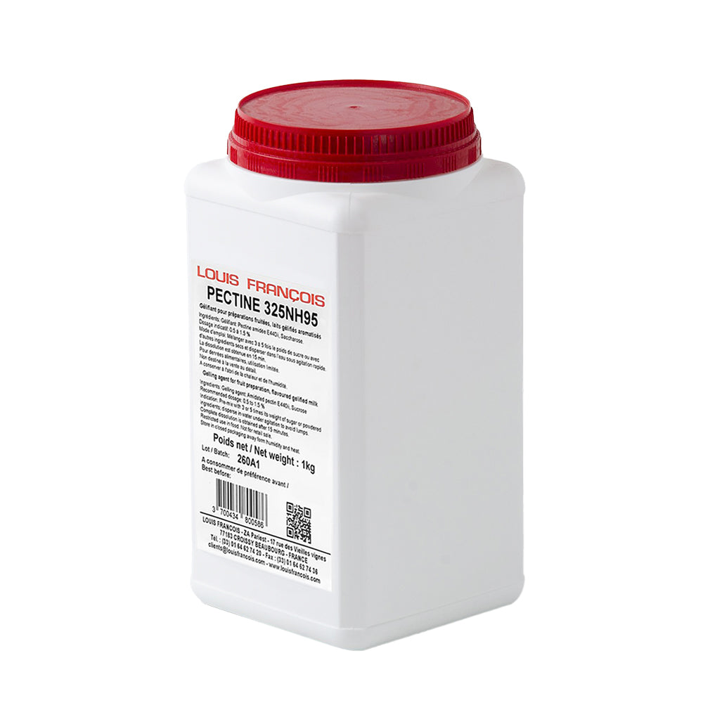 A white plastic container with a red lid labeled 'LOUIS FRANCOIS PECTINE Pectin 325NH95', weight 1kg.