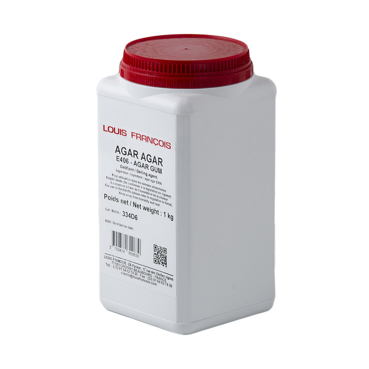 A white plastic container with a red lid labeled 'LOUIS FRANCOIS Agar Agar - E406', indicating the product is a natural gelling agent.