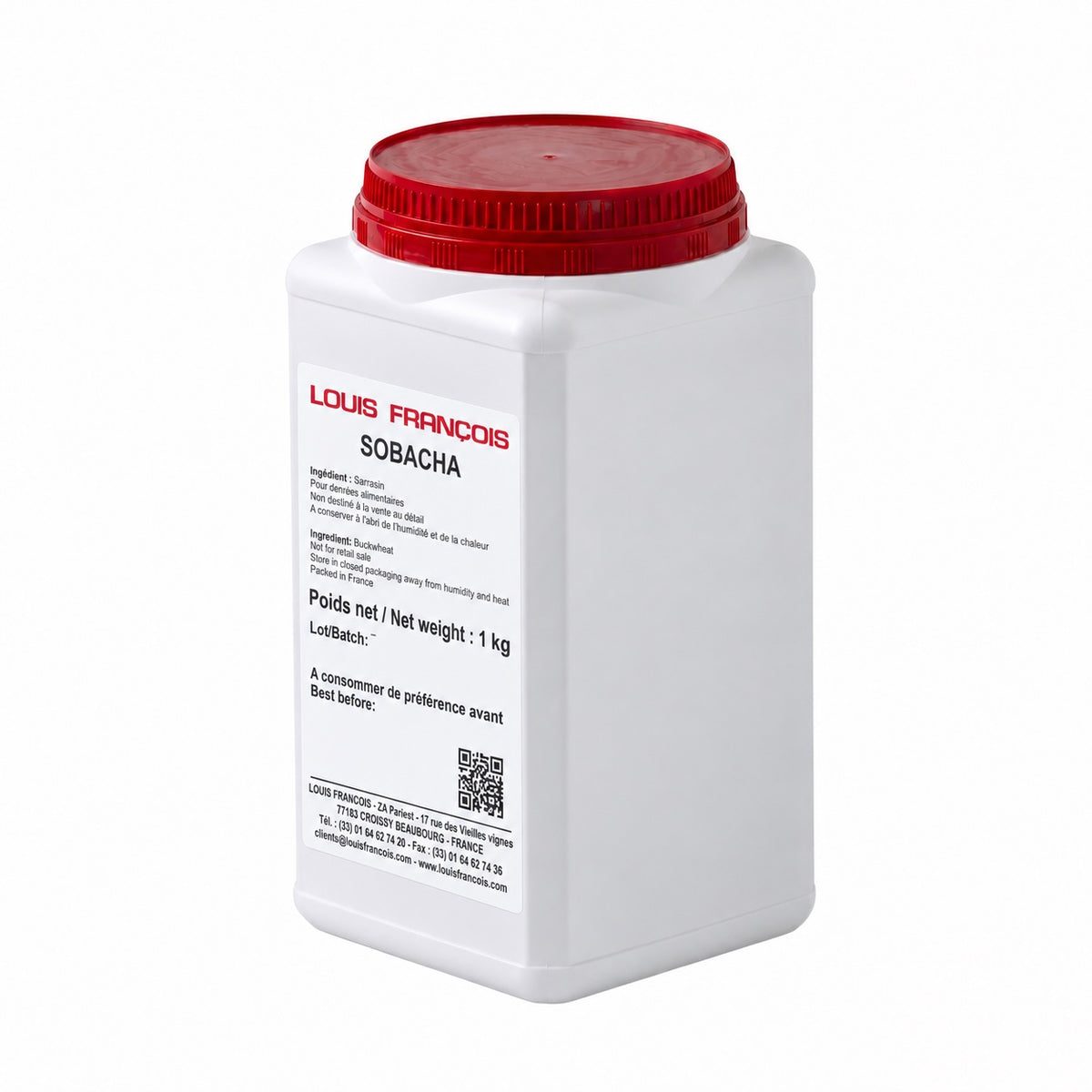 A white plastic tub of Louis Francois Sobacha with a red screw-on lid, shown on a clean white background.