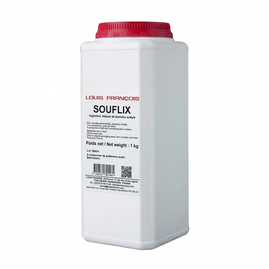 White container with red lid labeled 'Louis Francois Souflix' on a white background