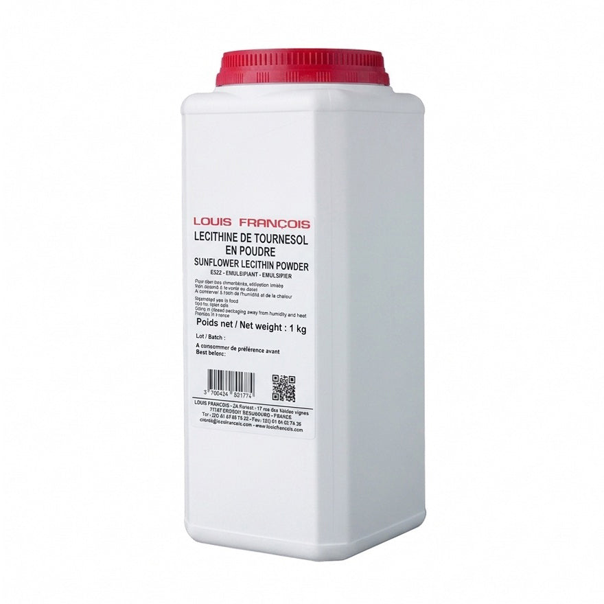 White container with red lid labeled 'Louis Francois Sunflower Lecithin Powder' on a white background