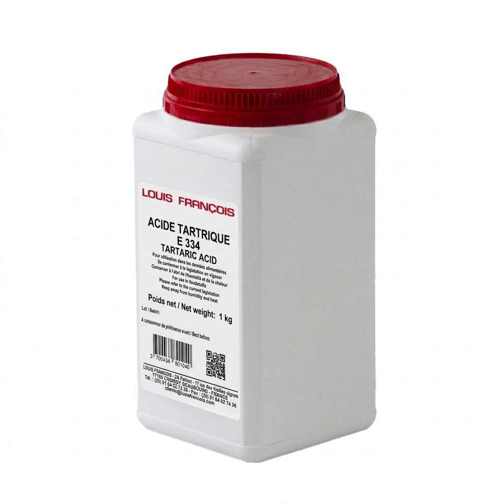 White container with red lid labeled 'Louis Francois Tartaric Acid' on a white background