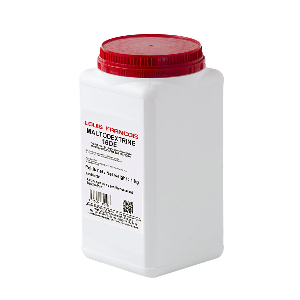 A white plastic container with a red lid, labeled 'LOUIS FRANCOIS Maltodextrin 16 DE - Neutral Bulking Agent for Sweet & Savoury', size 5kg.