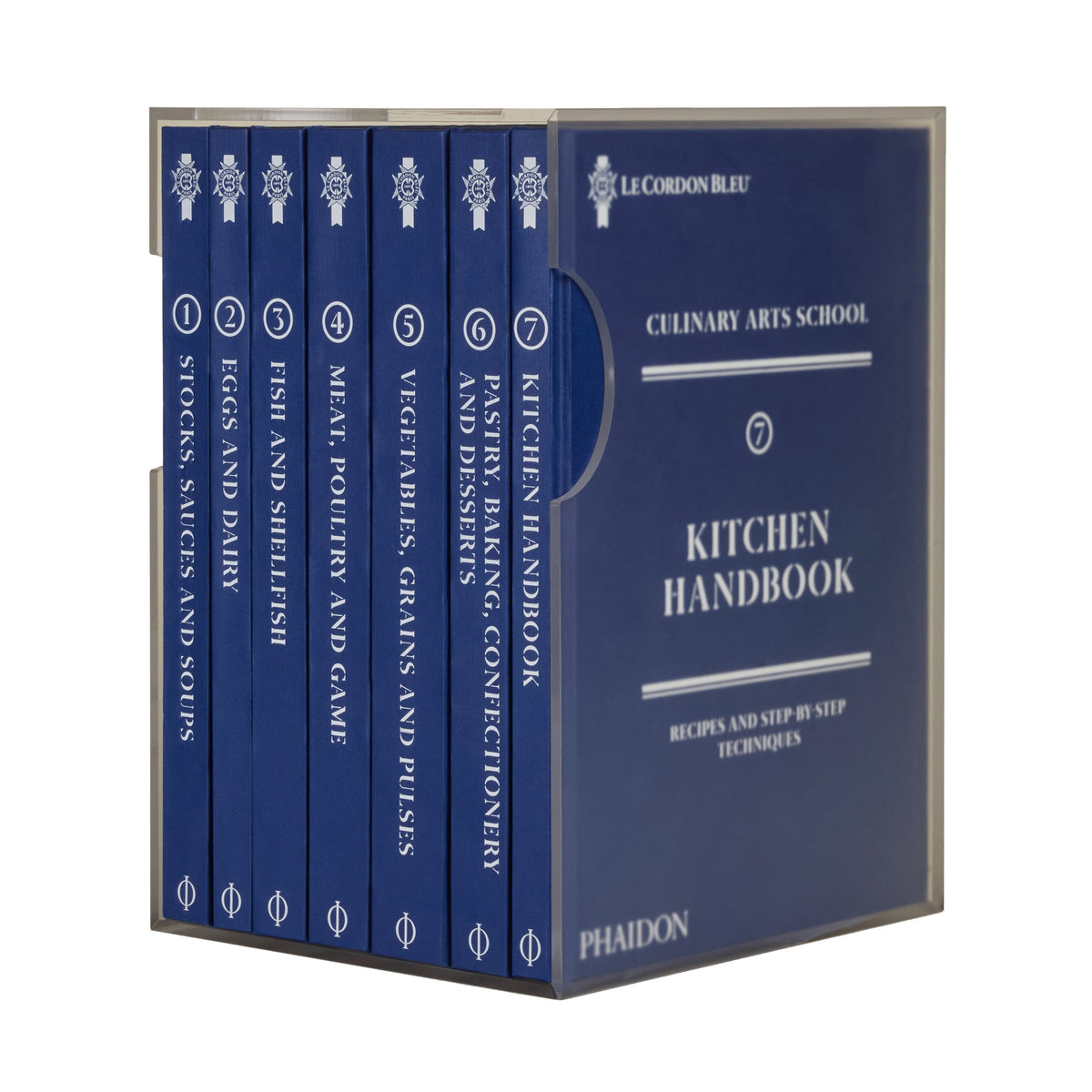 A boxed set of Le Cordon Bleu Culinary Arts School Kitchen Handbook volumes by Phaidon, shown on a plain white background. The set includes seven navy blue cookbooks with white text and a matching navy slipcover.