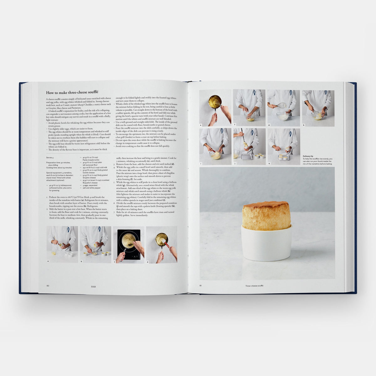 An open cookbook spread showing a recipe for choux pastry, with printed instructions on the left page and a large photo of a baked choux on the right page, photographed on a light gray background.